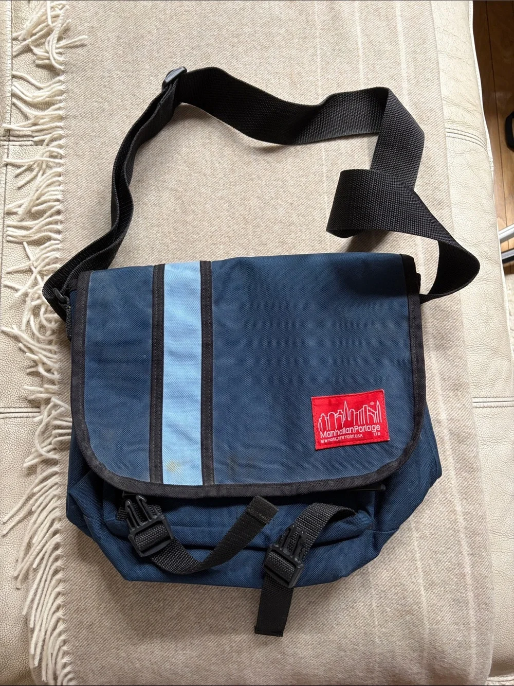Navy Blue Messenger Bag with Light Blue Stripe